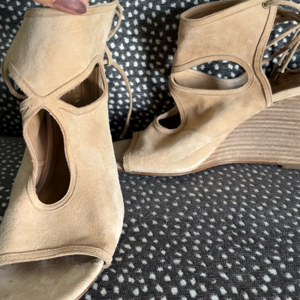 Aquazzura Beige Suede Wedge Sandals 38 7